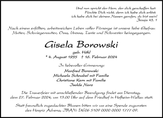 Traueranzeige von Gisela Borowski von Wiesbadener Kurier