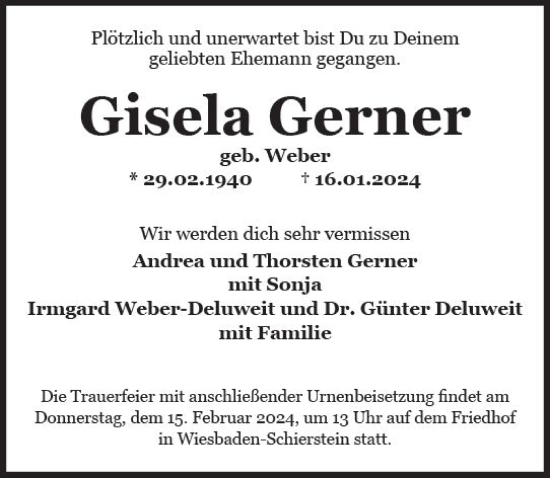 Traueranzeige von Gisela Gerner von Wiesbadener Kurier