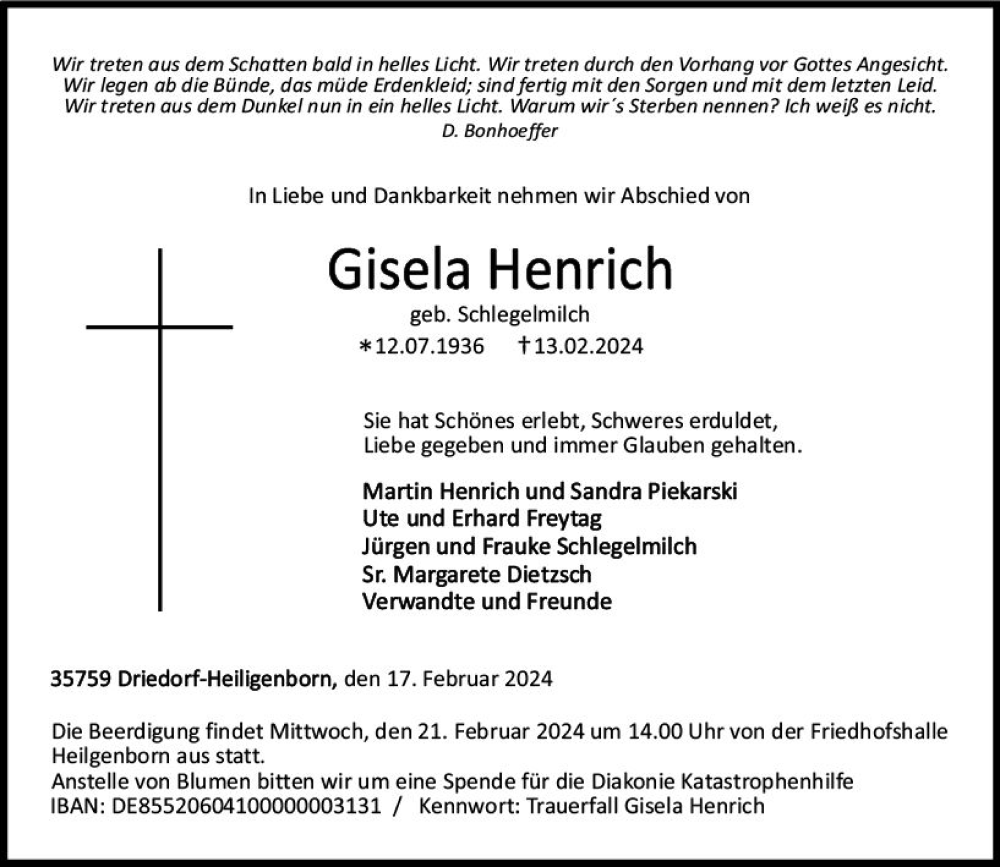  Traueranzeige für Gisela Henrich vom 17.02.2024 aus Dill Block
