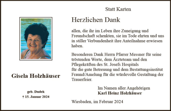 Traueranzeige von Gisela Holzhäuser von Wiesbadener Kurier