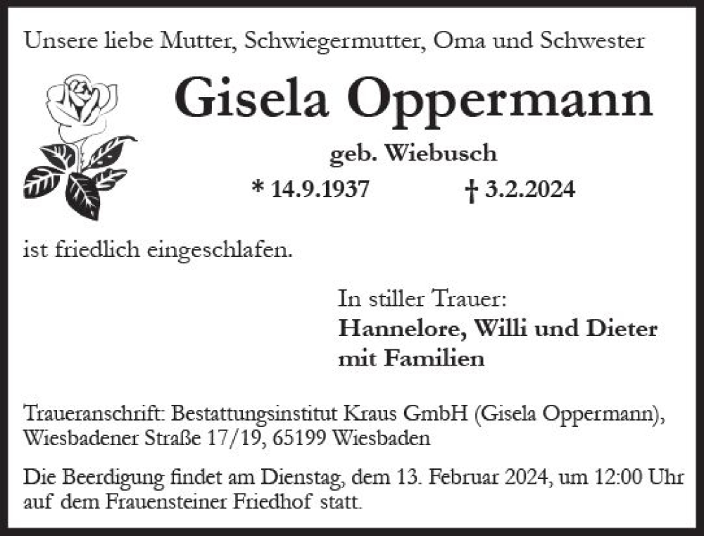  Traueranzeige für Gisela Oppermann vom 10.02.2024 aus Wiesbadener Kurier