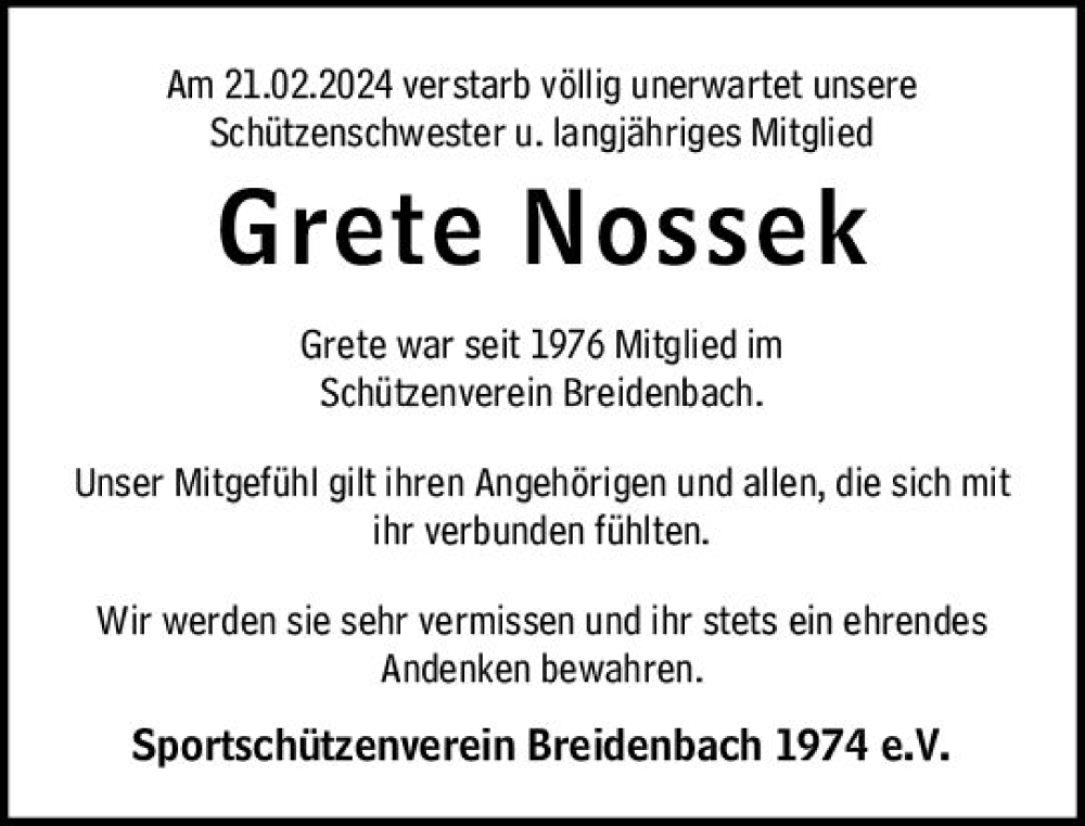  Traueranzeige für Grete Nossek vom 29.02.2024 aus Hinterländer Anzeiger