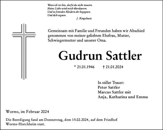 Traueranzeige von Gudrun Sattler von Wormser Zeitung