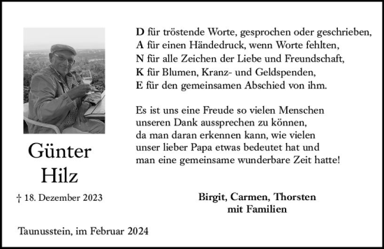 Traueranzeige von Günter Hilz von Wiesbadener Kurier