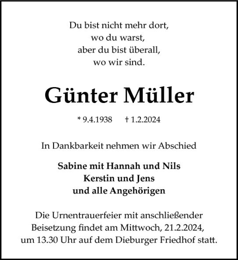  Traueranzeige für Günter Müller vom 17.02.2024 aus Dieburger Anzeiger/Groß-Zimmerner Lokal-Anzeiger