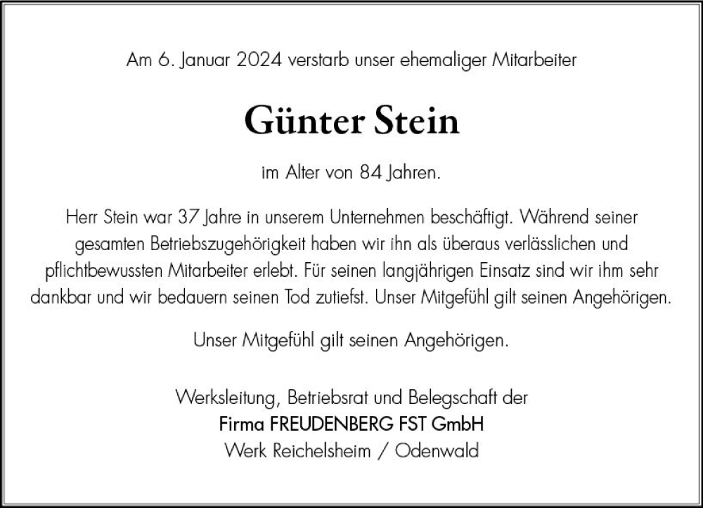  Traueranzeige für Günter Stein vom 03.02.2024 aus Odenwälder Echo