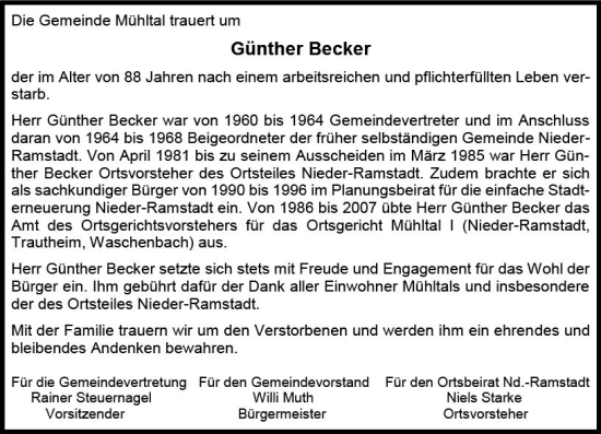 Traueranzeige von Günther Becker von Darmstädter Echo