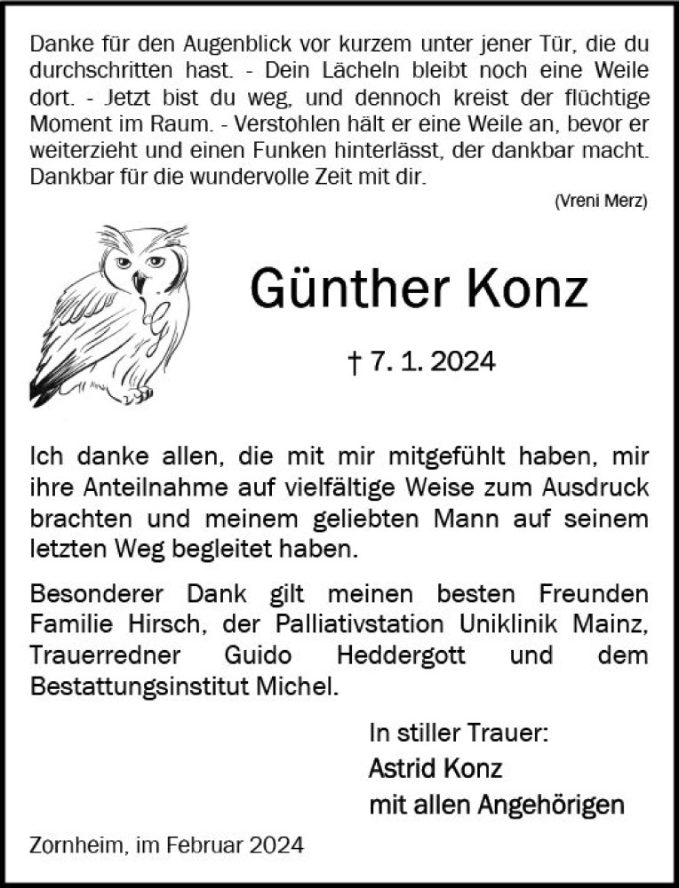  Traueranzeige für Günther Konz vom 10.02.2024 aus Allgemeine Zeitung Mainz