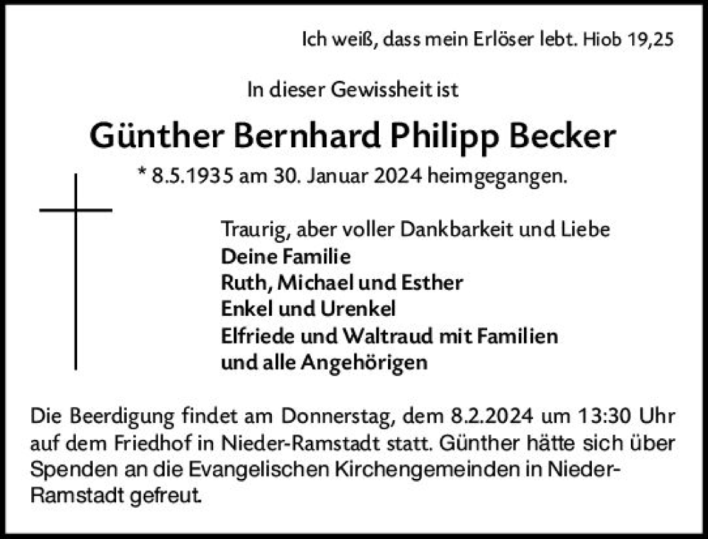  Traueranzeige für Günther Bernhard Philipp Becker vom 03.02.2024 aus Darmstädter Echo