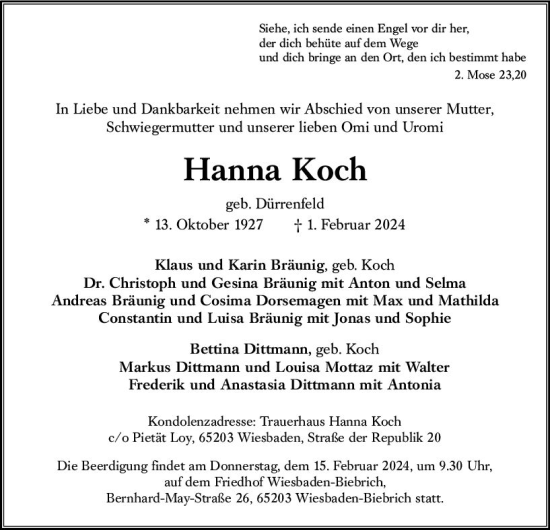 Traueranzeige von Hanna Koch von Wiesbadener Kurier