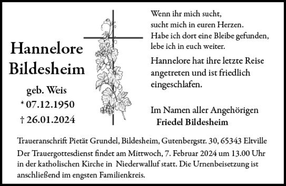  Traueranzeige für Hannelore Bildesheim vom 03.02.2024 aus Rheingau Kurier