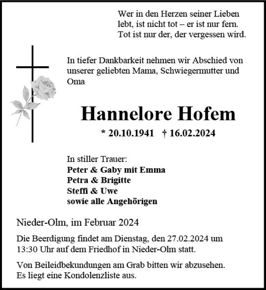  Traueranzeige für Hannelore Hofem vom 24.02.2024 aus Allgemeine Zeitung Mainz
