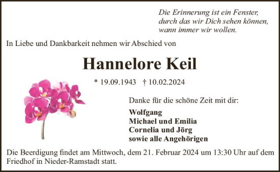 Traueranzeige von Hannelore Keil von Darmstädter Echo