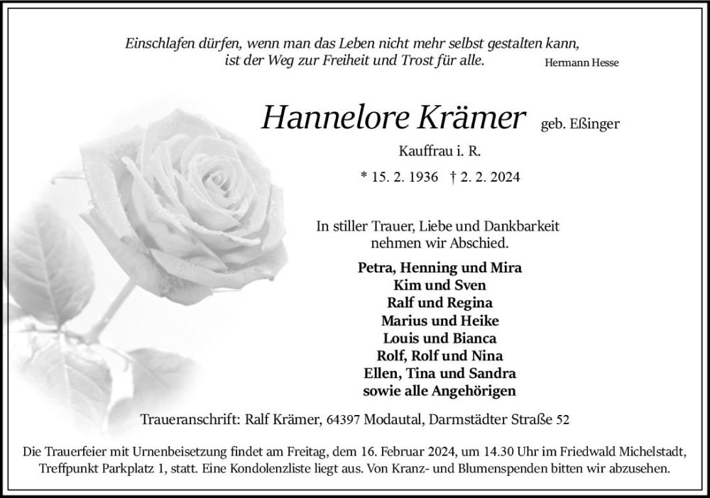 Traueranzeige für Hannelore Krämer vom 10.02.2024 aus Bergsträßer Anzeiger