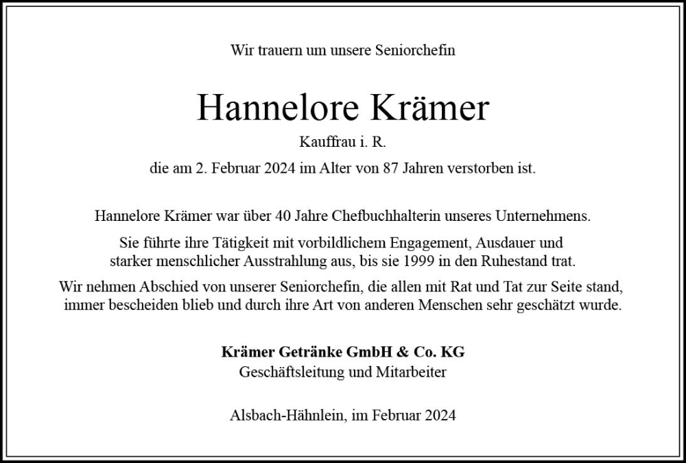  Traueranzeige für Hannelore Krämer vom 10.02.2024 aus Bergsträßer Anzeiger