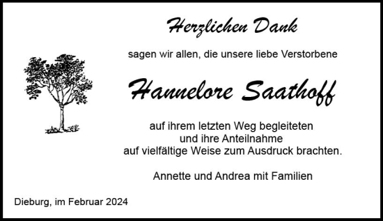 Traueranzeige von Hannelore Saathoff von Dieburger Anzeiger/Groß-Zimmerner Lokal-Anzeiger