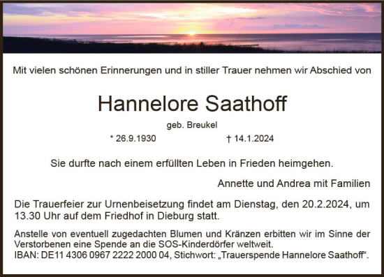Traueranzeige von Hannelore Saathoff von Dieburger Anzeiger/Groß-Zimmerner Lokal-Anzeiger
