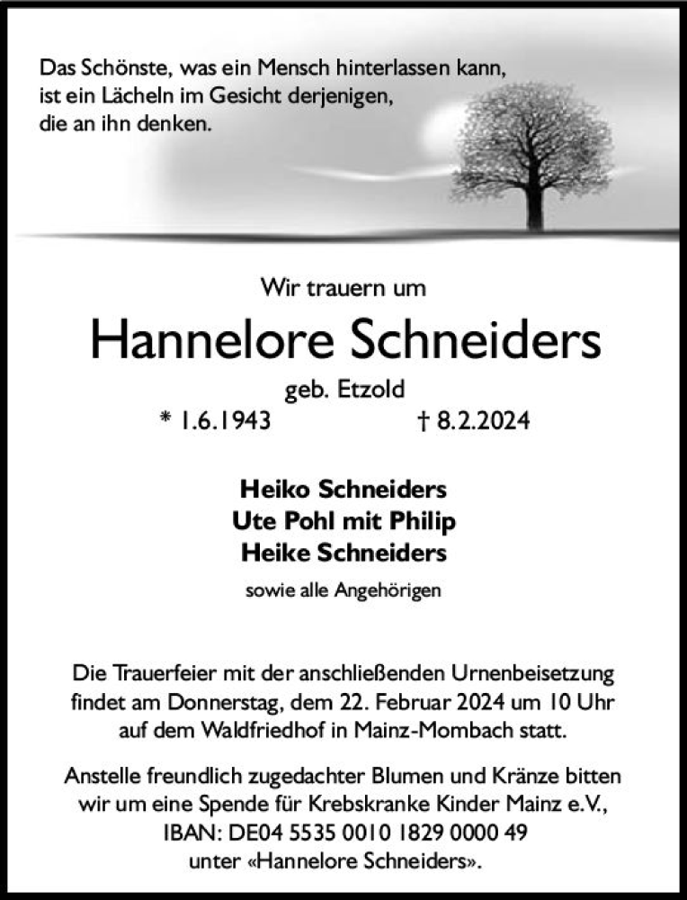  Traueranzeige für Hannelore Schneiders vom 17.02.2024 aus Allgemeine Zeitung Mainz
