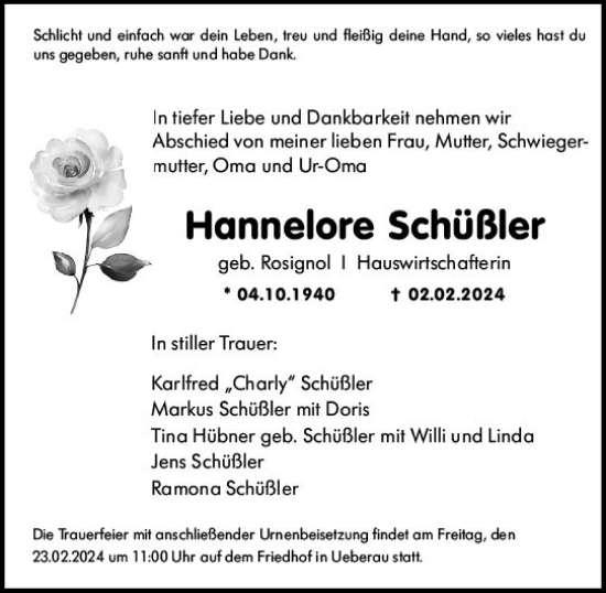 Traueranzeige von Hannelore Schüßler von Darmstädter Echo