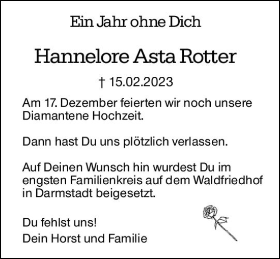 Traueranzeige von Hannelore Asta Rotter von Darmstädter Echo