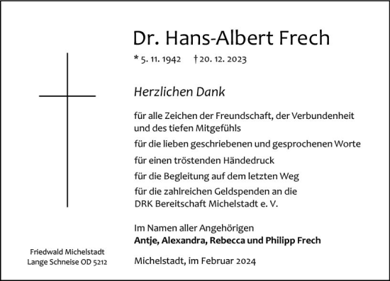Traueranzeige von Hans-Albert Frech von Odenwälder Echo