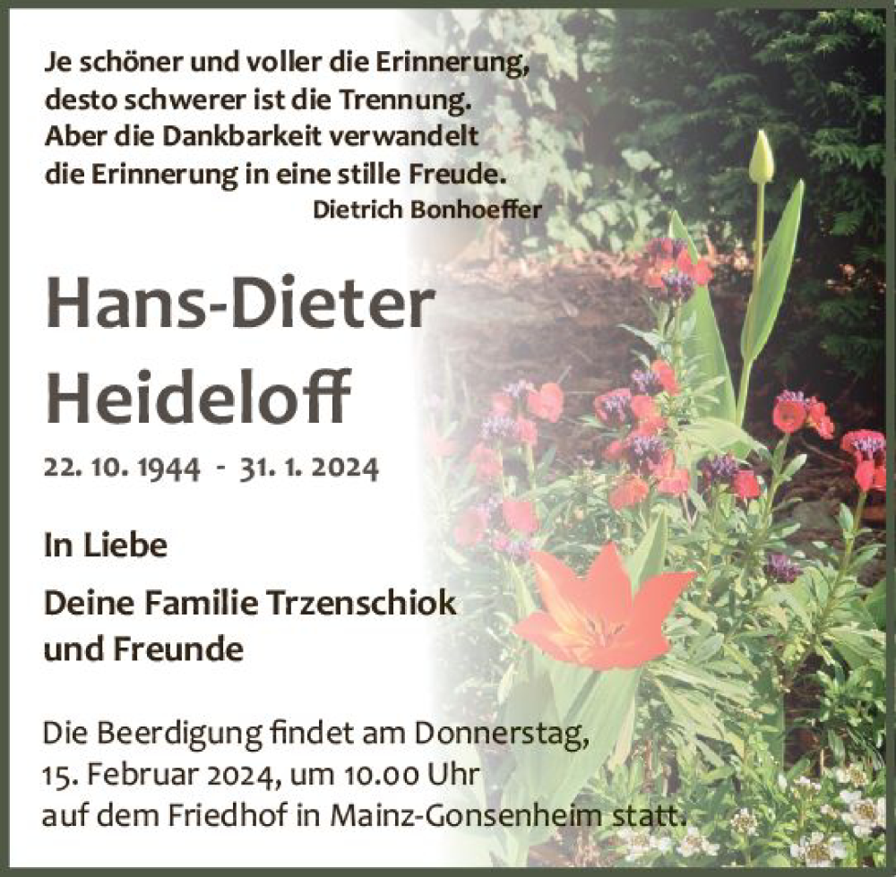 Traueranzeige für Hans-Dieter Heideloff vom 10.02.2024 aus Allgemeine Zeitung Mainz