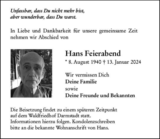 Traueranzeige von Hans Feierabend von Darmstädter Echo