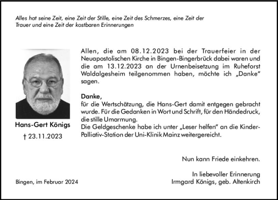 Traueranzeige von Hans-Gert Königs von Allgemeine Zeitung Bingen/Ingelheim