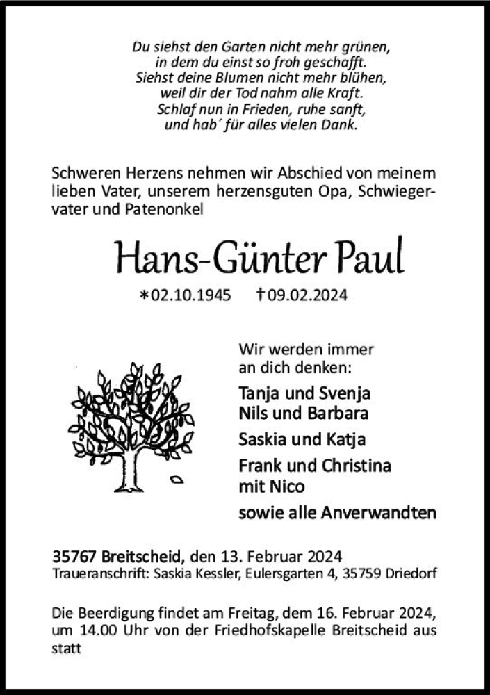  Traueranzeige für Hans-Günter Paul vom 13.02.2024 aus Dill Block