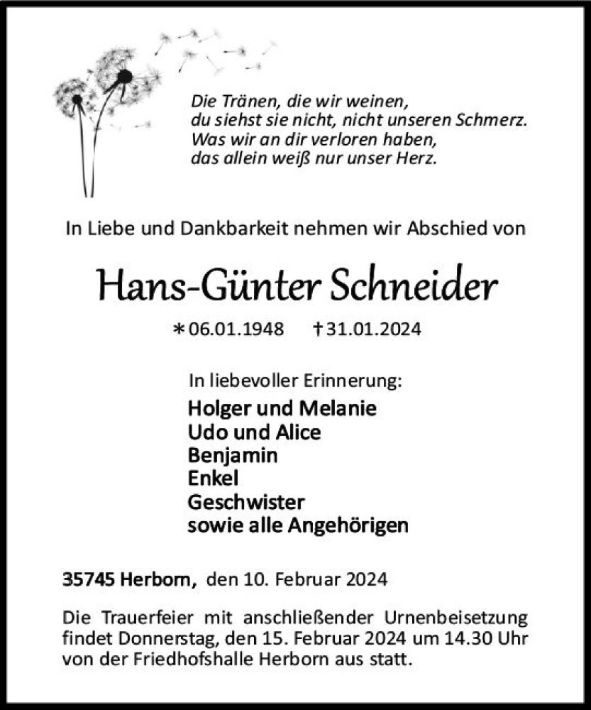  Traueranzeige für Hans-Günter Schneider vom 10.02.2024 aus Dill Block