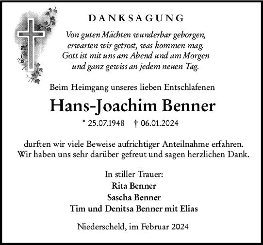  Traueranzeige für Hans-Joachim Benner vom 03.02.2024 aus Dill Block