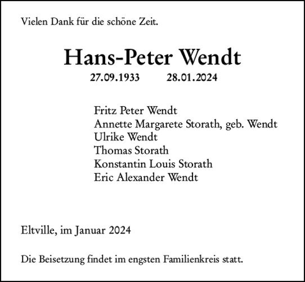  Traueranzeige für Hans-Peter Wendt vom 03.02.2024 aus Rheingau Kurier