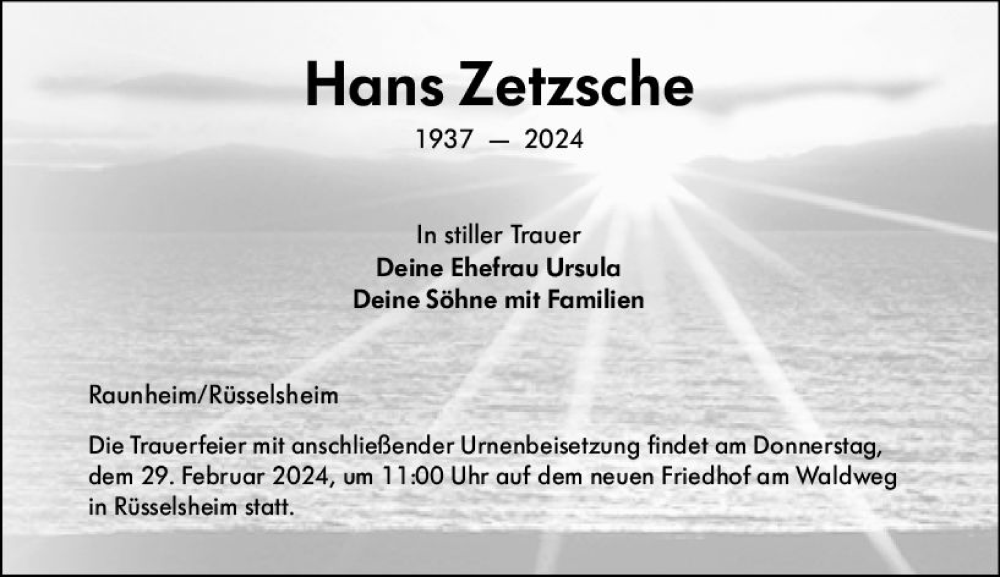  Traueranzeige für Hans Zetzsche vom 24.02.2024 aus Rüsselsheimer Echo