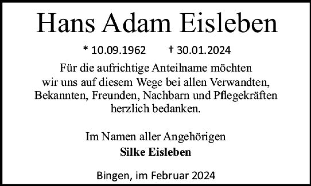  Traueranzeige für Hans Adam Eisleben vom 24.02.2024 aus Allgemeine Zeitung Bingen/Ingelheim