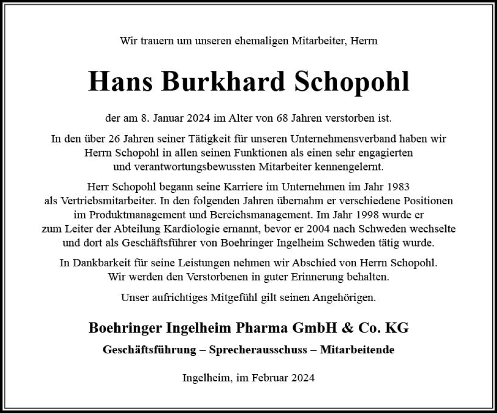  Traueranzeige für Hans Burkhard Schopohl vom 03.02.2024 aus Allgemeine Zeitung Bingen/Ingelheim