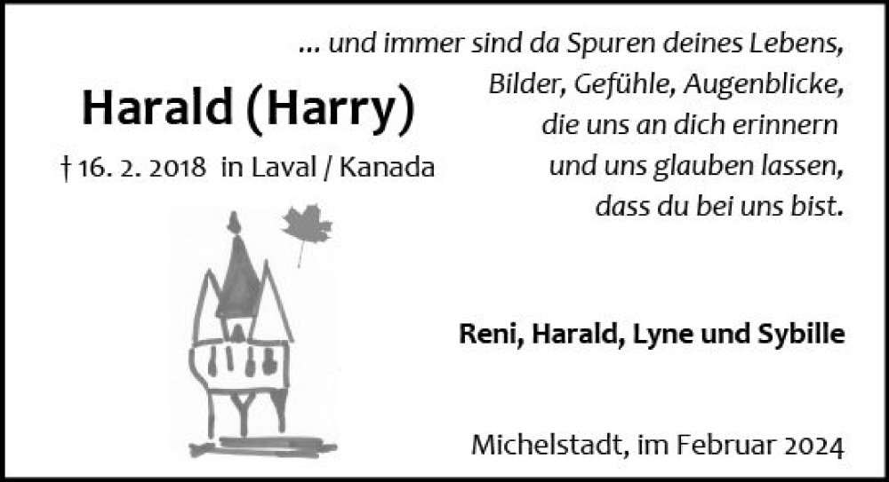  Traueranzeige für Harald  vom 16.02.2024 aus Odenwälder Echo