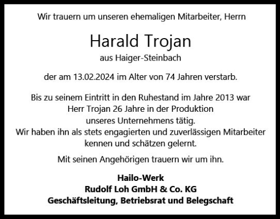 Traueranzeige von Harald Trojan von Dill Block