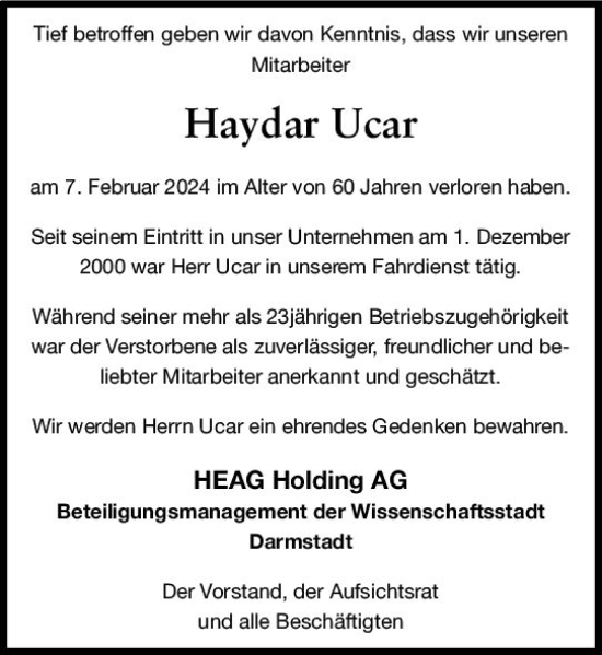 Traueranzeige von Haydar Ucar von Darmstädter Echo