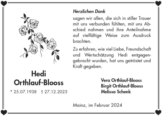 Traueranzeige von Hedi Orthlauf-Blooss von Allgemeine Zeitung Mainz