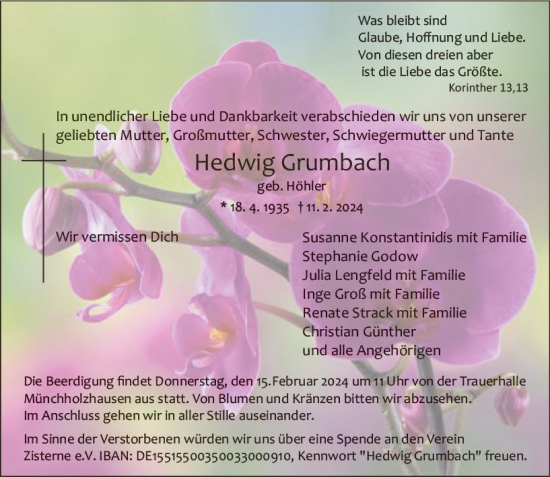 Traueranzeige von Hedwig Grumbach von Wetzlarer Neue Zeitung
