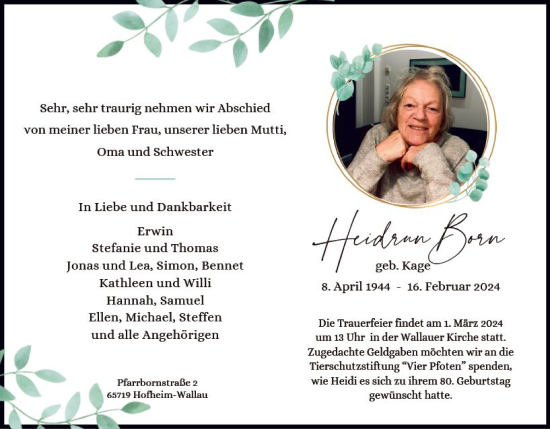 Traueranzeige von Heidrun Born von Wiesbadener Kurier