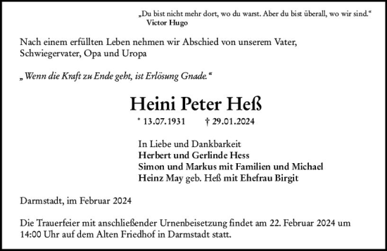 Traueranzeige von Heini Peter Heß von Darmstädter Echo