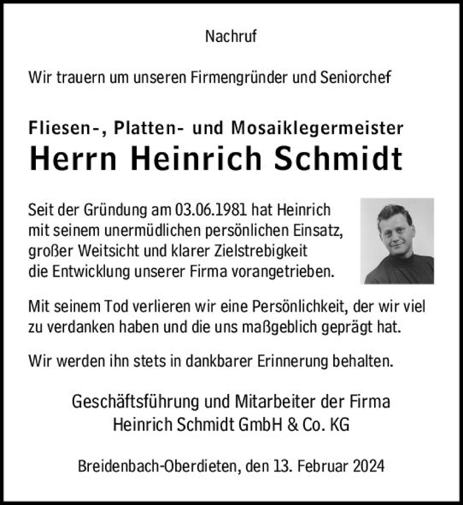 Traueranzeige für Heinrich Schmidt vom 13.02.2024 aus Hinterländer Anzeiger