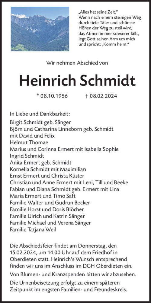  Traueranzeige für Heinrich Schmidt vom 13.02.2024 aus Hinterländer Anzeiger