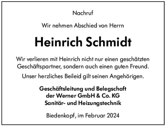 Traueranzeige von Heinrich Schmidt von Hinterländer Anzeiger