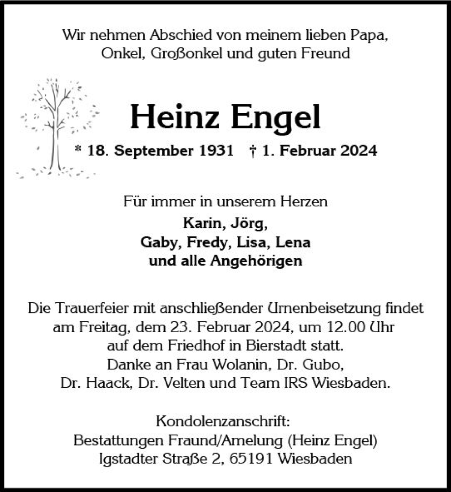  Traueranzeige für Heinz Engel vom 10.02.2024 aus Wiesbadener Kurier