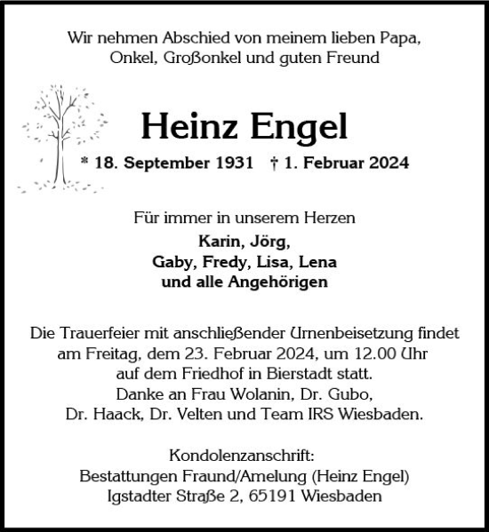 Traueranzeige von Heinz Engel von Wiesbadener Kurier
