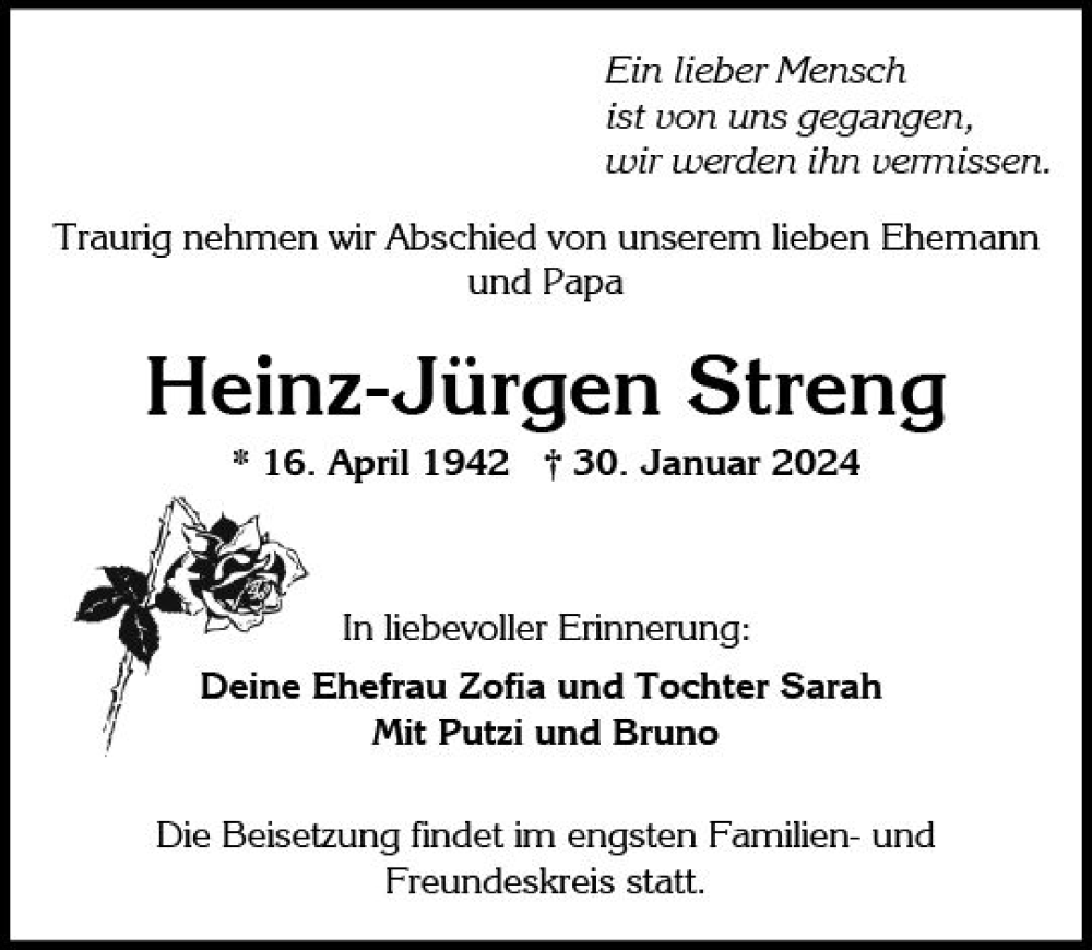  Traueranzeige für Heinz-Jürgen Streng vom 10.02.2024 aus Wiesbadener Kurier