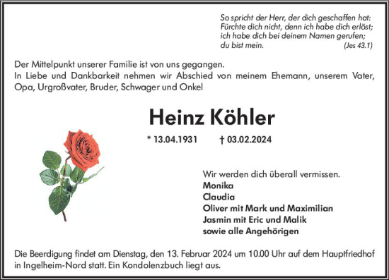 Traueranzeige von Heinz Köhler von Allgemeine Zeitung Bingen/Ingelheim