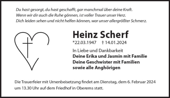 Traueranzeige von Heinz Scherf von Camberger Anzeiger